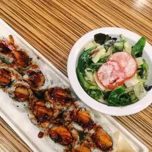 two roll sushi combo: shrimp tempera &amp; sweet potato roll (comes with side salad or miso soup)