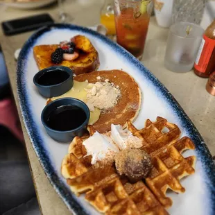 Breakfast Co. Flight- S&apos;Mores Waffle- Tiramisu Pancake- Creme Brulee French Toast.