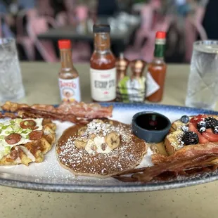 Mashed potatoe waffle, banana bread pancake, crème brûlée French toast