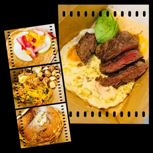 Steak and Eggs with Avocado.  Gluten Free Pancakes.  Vegetarian Scramble.  Tiramisu Pancakes.