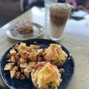 Fried rice Benedict, coffee cake and iced latte.