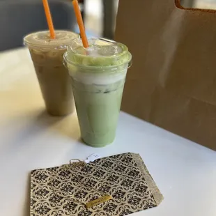 lavender latte and matcha iced with oatmilk