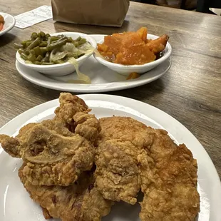 Fried pork chops with sweet potatoes and green beans. I got my other 2 sides to go.