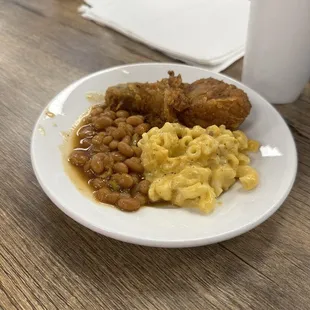 Kids chicken leg, Mac n cheese, and baked beans