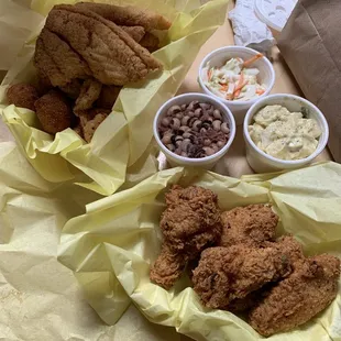 fried chicken, beans, coleslaw and coleslaw
