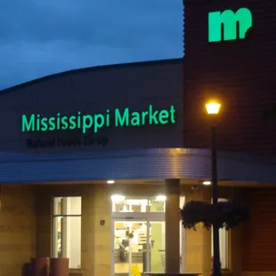 the front of the building at night