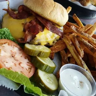 Pickles were delicious. Fries were a bit soggy. Ask for a medium rare or medium done burger. Burger was delicious but a bit on the dry side.