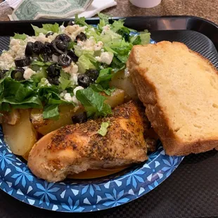 Daily special of baked Greek chicken, salad, potatoes and homemade bread. Delish!