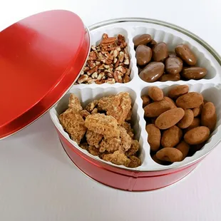 Gift Tin: Perfect for any occasion. Customizable with a variety of flavored pecans and chocolate covered goodies.