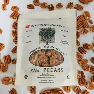 Missouri Native Pecans: Available in certified Organic &amp; non-Organic. Offered in Halves &amp; Pieces. 6 oz bags are shelf stable &amp; reclosable.