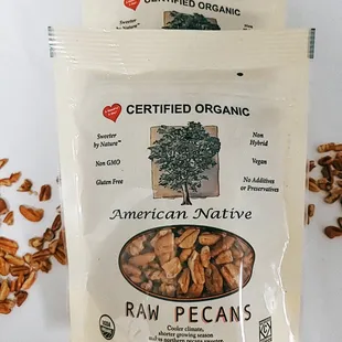 Missouri Native Pecans: Available in certified Organic &amp; non-Organic. Offered in Halves &amp; Pieces. 6 oz bags are shelf stable &amp; reclosable.