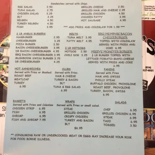 Back of the lunch menu
