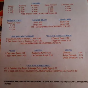 Breakfast menu