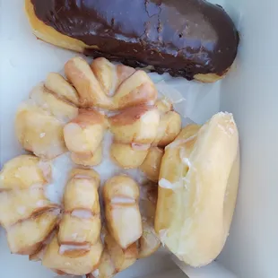 Bear claw, glazed donut and long john