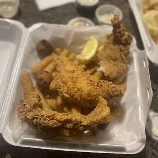 catfish fries and hush puppies and the sweet chili sauce