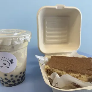 a cup of bubble tea and a piece of cake