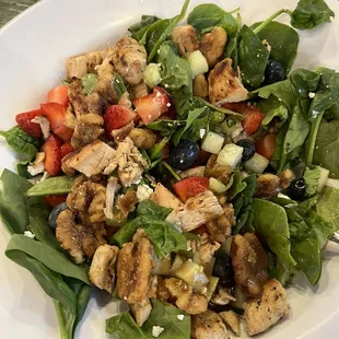 Spinach strawberries salad with grilled chicken.