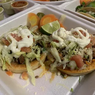 Sopes lengua and spicy pork