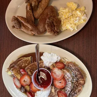 Strawberry French toast with wings and soft scrambled eggs