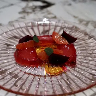 Big eye tuna with beets, blood orange, and lanzhou chili