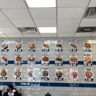 a wall full of fast food items