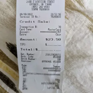 a receipt for a restaurant