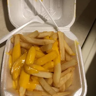 cheese fries in a styrofoam container