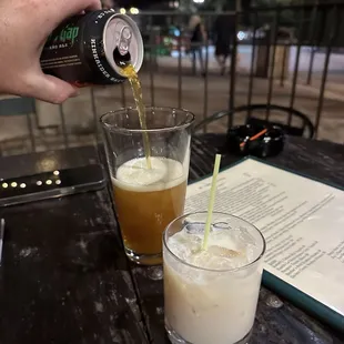 Peanut butter banana drink and beer on patio