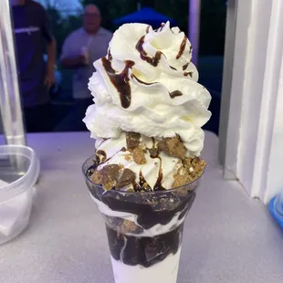 A special order parfait! Hot fudge with peanut butter cups!