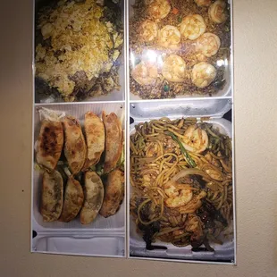 a variety of food items displayed on a wall