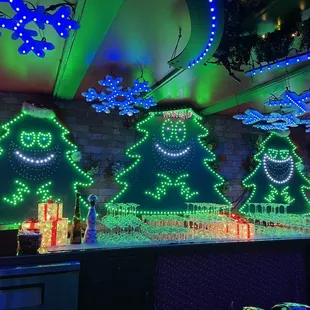 Holiday decorations behind the main bar.