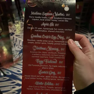 Menu of cocktails