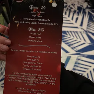 Menu of other beverages