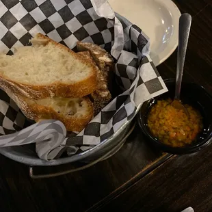 a basket of bread and soup