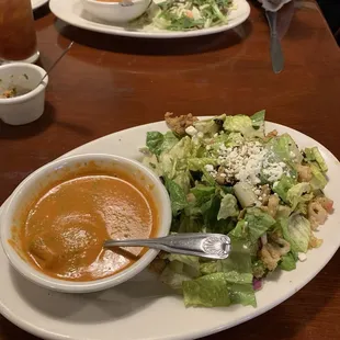 Tomato Basil Bisque Soup and calamari salad.