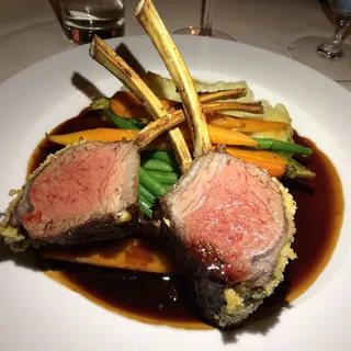 Roast Rack of Colorado Lamb, Purple Top Turnip Gratin, Baby Carrots & Haricot Verts