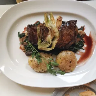 Pan Roasted Prime Sirloin, "Au Poivre" w/ Garlic Whipped Potatoes, Wild Mushrooms & Cognac
