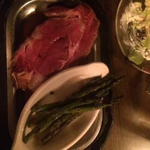 Rare Prime Rib and grilled asparagus.