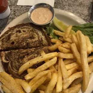 Reuben and fries with extra sauce