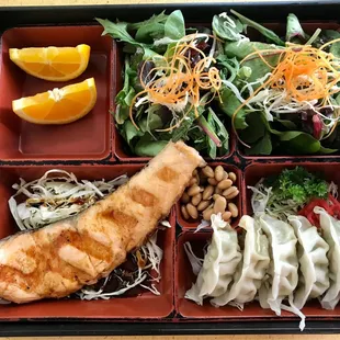 Salmon bento box w/ double salad and gyoza