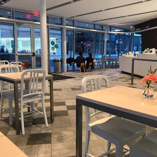 Adorable seating area with kid-friendly tables.