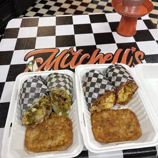 Left: Joyce Veggie Burrito w/sausage Right: Kay's 3 Alarm Burrito