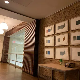 a brick wall in a lobby