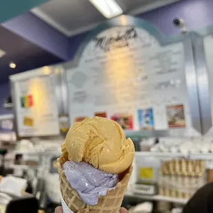 Ube &amp; Tropical 4 in Waffle Cone! Delicious!