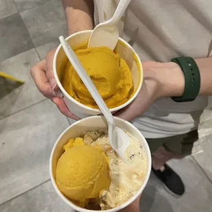 Top: mango sorbet single scoop  Bottom: passion fruit and caramel fudge brownie tasters duo
