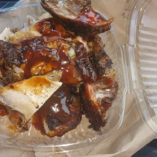 Jerk chicken with BBQ sauce. dry and not fatty.