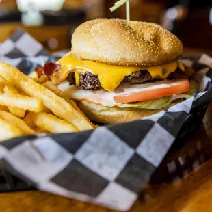 a cheeseburger and fries