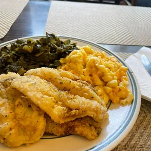 Fried fish, mac and cheese and greens