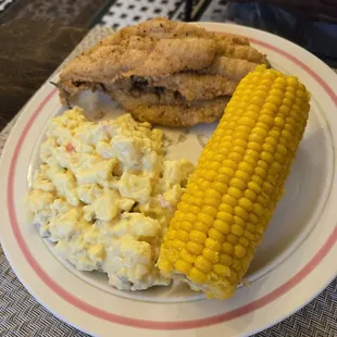 Fried Fish, Potato Salad, and Corn