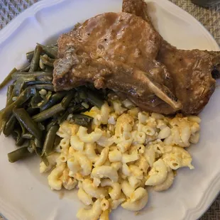 Smothered Pork Chops, Mac and Cheese, String Beans